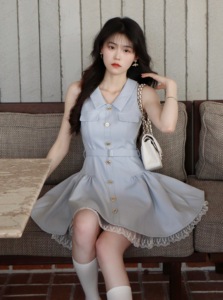 Blovelan芦影蓝月 纯yu减龄蕾丝无袖翻领高腰短款连衣裙夏季新品