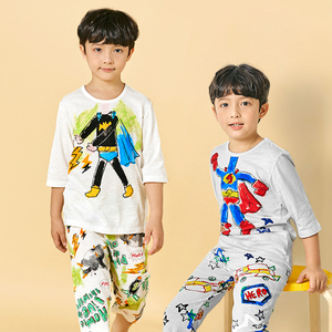 韩国儿童睡衣男童竹节棉家居服男孩纯棉夏薄款超人蝙蝠侠宝宝内衣