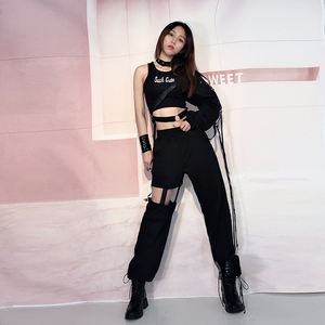 ds演出ins潮爵士舞工装长袖单袖帅气街舞露脐上衣舞蹈服舞台装女