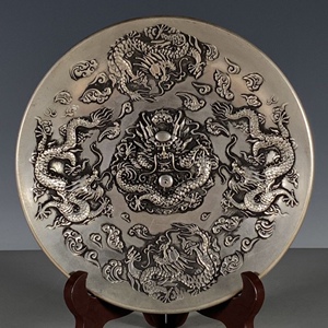 古玩杂项大清九龙盘中式古典银盘高浮雕九龙银碟全铜鎏银老物件