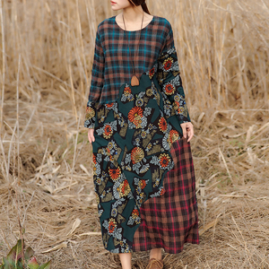 衣都格格春装新款大码文艺轻熟复古格子宽松显瘦印花长款连衣裙