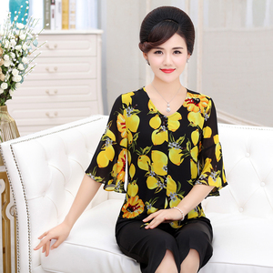 京东商城妈妈春装套装中年女夏装长袖雪纺衫上衣中老年人女装两件