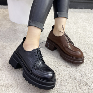 胎牛皮厚底乐福鞋女欧洲站2022春季新款系带松糕圆头时尚欧货单鞋