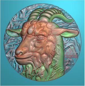 山羊动物牌子精雕图浮雕灰度电脑雕刻圆形生肖羊玉雕挂件羊头圆牌