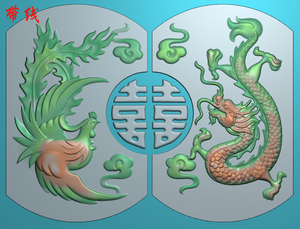 龙凤对牌竖龙竖龙凤凰牌子玉雕双喜爱情挂件精雕图雕刻浮雕灰度图