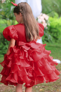 欧美女童连衣裙新泡泡袖亮片礼服六一儿童节舞蹈演出红色高端法式