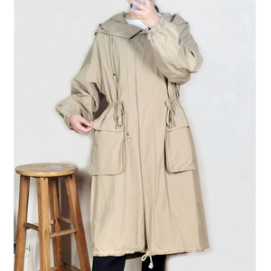 米索misuo女装女士秋装宽松过膝连帽休闲收腰显瘦中长款外套风衣