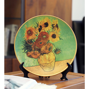 梵高油画装饰盘子美式陶瓷摆件赏盘客厅电视柜向日葵星月夜摆盘