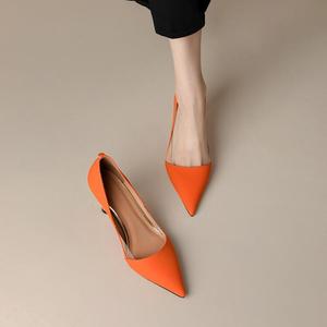 春夏秋季尖头单鞋细跟高跟鞋真皮法式优雅气质橘色橙色绿色女鞋子