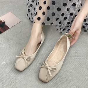 蝴蝶结平底单鞋女2019夏款韩版百搭气质浅口方头水钻仙女风瓢鞋潮