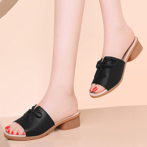 惠特皇妹女兆山山月牙儿女鞋正品冰女人新款牛皮方跟拖鞋蝴蝶结