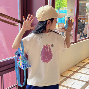 MIKA 2024春夏新品中大男女童装可爱卡通宽松休闲翻边短袖圆领T恤