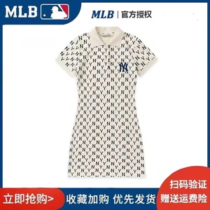 韩国MLB连衣裙女翻领老花满印复古polo衫短袖休闲夏季长款宽松T恤
