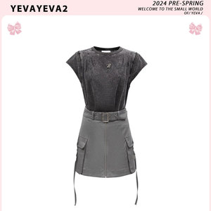 YEVA 美式复古假两件连衣裙女夏季2024新款帅气甜酷高腰显瘦短裙