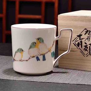 左边艺术陶瓷水杯日本九谷烧青郊绣眼鸟马克杯釉下彩日式咖啡杯