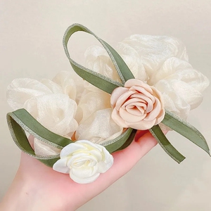 新款丝带山茶花大肠发圈气质扎马尾两用皮筋发绳高颜值公主风头饰