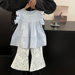 韩国儿童套装2024夏季洋气女童花边袖甜美娃娃衫小女孩绣花休闲裤