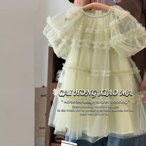 高端定制童装女童连衣裙夏季2024新款儿童洋气高级绿色网纱公主裙