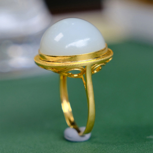 和田玉戒指素圈圆形蛋面18k金镶嵌加工定制免费改圈口羊脂玉籽料