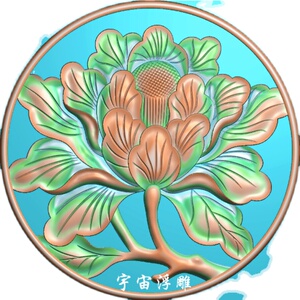 单朵牡丹精雕图浮雕图灰度图 牡丹花门花石雕镂空圆花 圆形牡丹花