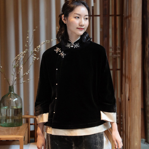 春新中式时尚偏襟真丝绒改良唐装女上衣拼边双层立领手工扣外套女