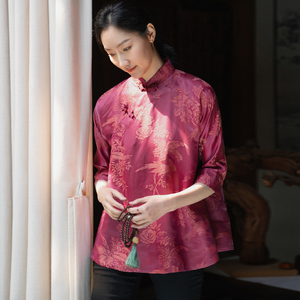 真丝红云纱春季女士上衣新中式复古斜襟改良衬衫立领显瘦时尚唐装