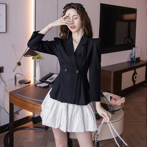 网红小个子气质西装套装裙女秋装时尚减龄蛋糕百褶半身短裙两件套