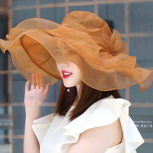 帽子女夏荷叶边超大沿优雅纯色防紫外线欧根纱帽可折叠出游遮阳帽