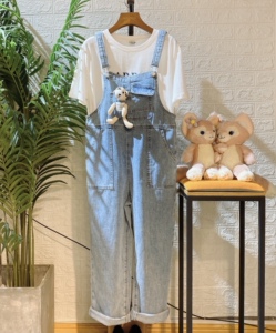 麦寻女装2022夏新款时尚可拆卸布偶背带裤okb20001百搭减龄牛仔裤