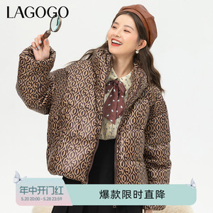 Lagogo拉谷谷冬季新款立领复古印花今年流行羽绒服女短款鸭绒外套