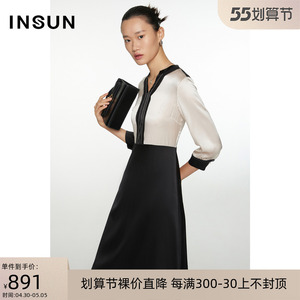 恩裳蔻秋冬经典时尚简约桑蚕丝真丝拼接光泽感都市气质连衣裙