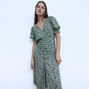 zara女装正品2021春夏v领碎花短袖法式轻熟中长裙连衣裙8514/157