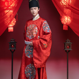花仙记汉服明制刺绣款衮服红色婚嫁男款婚嫁汉服套装