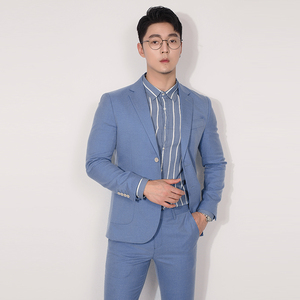 川泽男士浅蓝色小西装外套新款韩版修身单排扣西服上衣轻商务单西