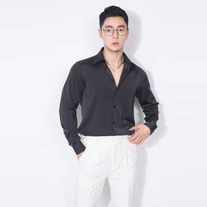 川泽男士缎面滑料免熨黑衬衫新款韩版修身抗皱长袖衬衣轻商务上衣