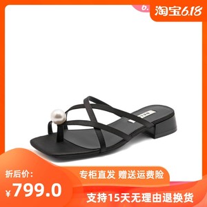 百丽珠珠女孩新中式凉鞋女鞋子2024夏季新款外穿通勤拖鞋B1887BL4
