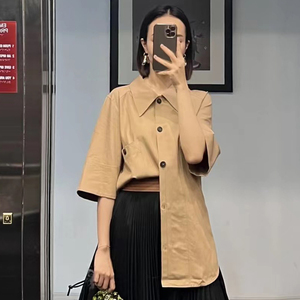 韩国LC小众设计感港风时尚洋气中袖衬衫宽松剪刀领复古口袋衬衣女