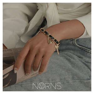 Norns韩版摇滚风高级感设计风金属钥匙水钻锁吊坠手链皮革手链