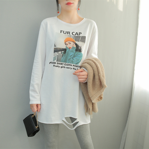 白色体t恤女长袖宽松破洞