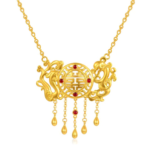 古法足金999黄金项链龙凤和鸣双喜婚庆套链珐琅点缀镂空流苏计价