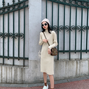 针织连衣裙女秋冬长袖气质过膝长裙内搭外穿宽松打底半高领毛衣裙