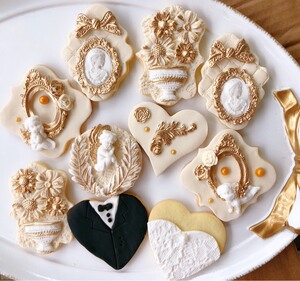 香槟金色欧式天使复古翻糖糖霜饼干 婚礼甜品台摆件伴手礼