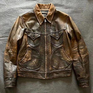 商务休闲抽象州野男士马皮皮衣rrl款经典机车皮衣真皮夹克翻领