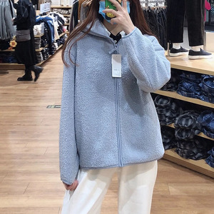 优衣库秋冬仿羊羔绒拉链连帽抓绒外套摇粒绒白色百搭上衣女430