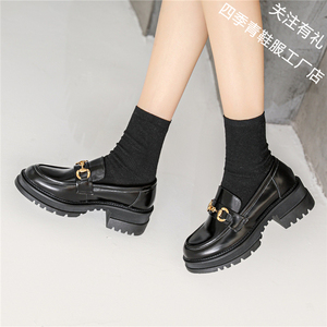美黛千惠,真皮头层牛皮松糕厚底乐福鞋中跟粗跟小皮鞋马衔扣女鞋