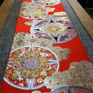 日本回流日式西阵织锦正绢缂丝布艺茶席手工桌旗垫桌布橘底宝相花