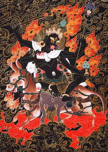 四臂吉祥天母画像 佛像画 相纸打印木制烤漆金色相框框玻璃摆台