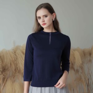 优衣笛2022春季九分袖天丝毛衣女半高领针织衫时尚打底衫纯色上衣