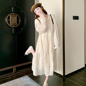 米白色法式连衣裙女2024春秋新款高级感时尚气质显瘦减龄仙女长裙