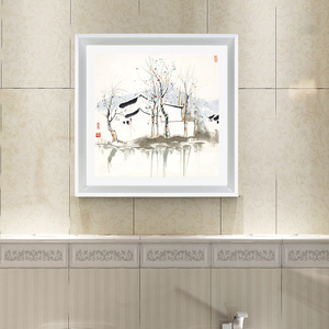 新中式正方形组合江南风景装饰画 厕所装饰防水画卫生间浴室挂画